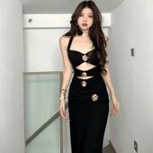 instahot 玫瑰金属扣挂脖黑色礼服裙女轻奢宴会气质显身材晚礼服