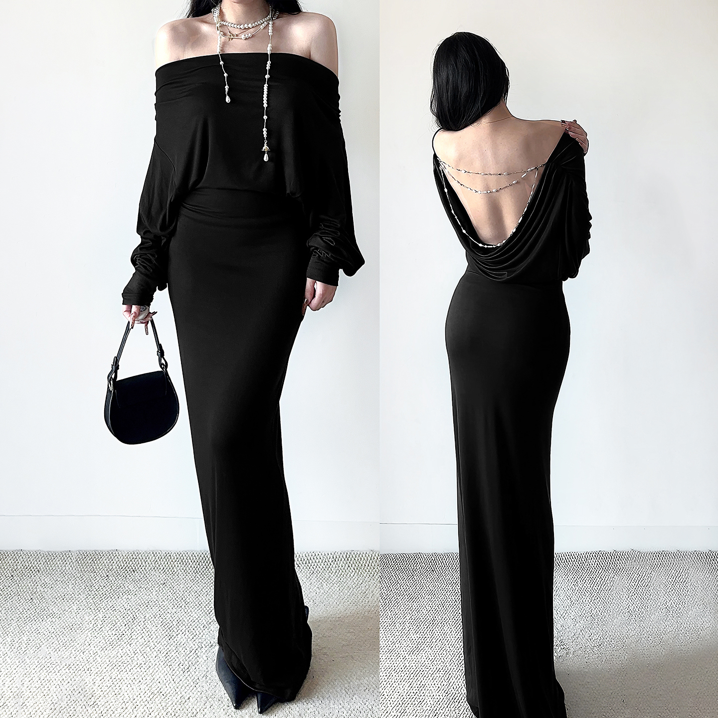 法式荡领珍珠链大露背连衣裙