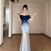 新款 instahot 渐变海岛度假风一字肩礼服裙女2025秋季 宴会长裙子