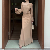 instahot 长裙子 外传长袖 纯欲斜肩网纱性感连衣裙女2025秋季 新款