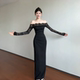 裙 早秋连衣裙修身 instahot 性感蕾丝一字肩黑色礼服裙女巨好看