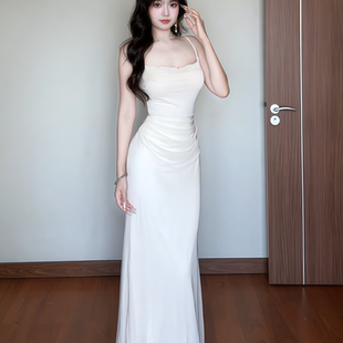性感荡领吊带连衣裙女夏高级网纱拼接修身 instahot 度假礼服长裙