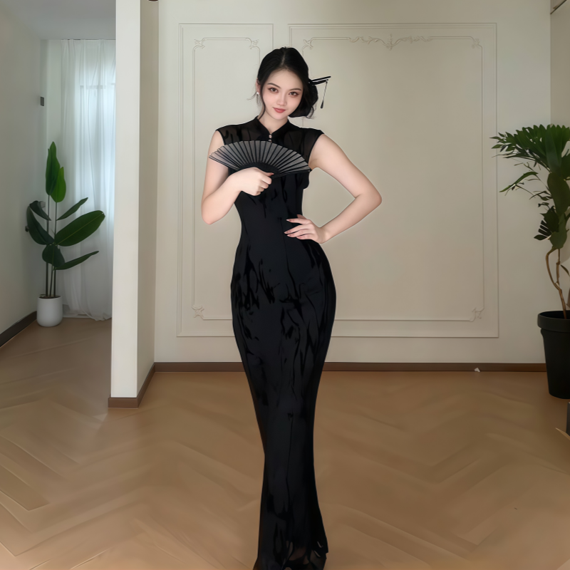 新中式包臀水滴领黑色旗袍女