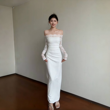 instahot 性感蕾丝一字肩白色礼服裙女巨好看的早秋连衣裙修身裙