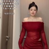 instahot 欧美ins风红色礼服裙女轻奢生日宴会一字肩网纱连衣裙