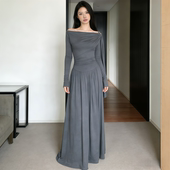 instahot甜辣斜肩飘带灰色连衣裙女2026春季 新款 轻奢宴会内搭长裙