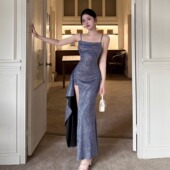 新款 instahot 蓝色细闪吊带开叉礼服裙女2025秋季 轻奢宴会露背裙