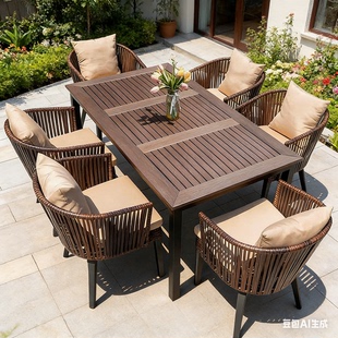 户外桌椅别墅庭院花园桌椅休闲露台藤椅塑木桌组合室外编藤桌椅