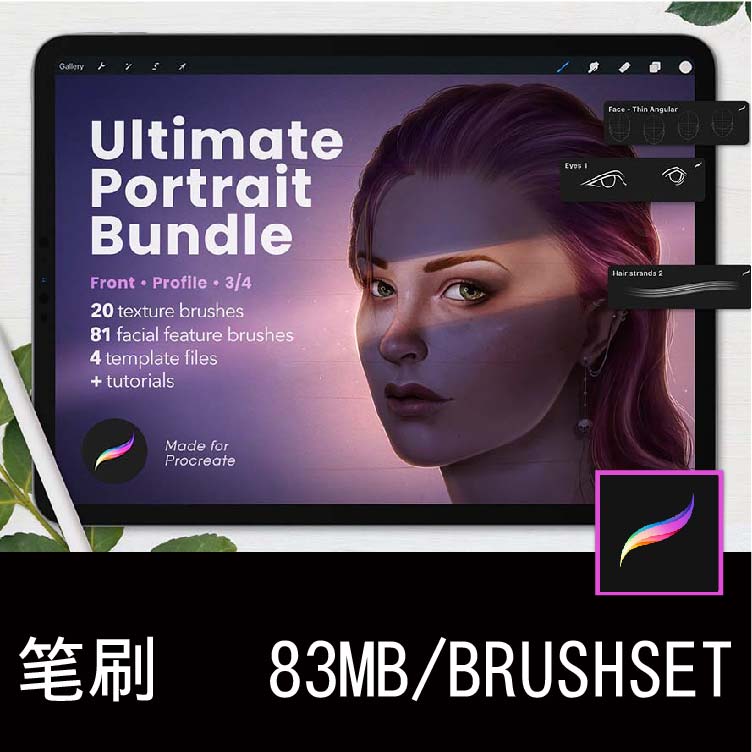 101款iPad人物肖像面部特征素描艺术绘画Procreate笔刷插件素材