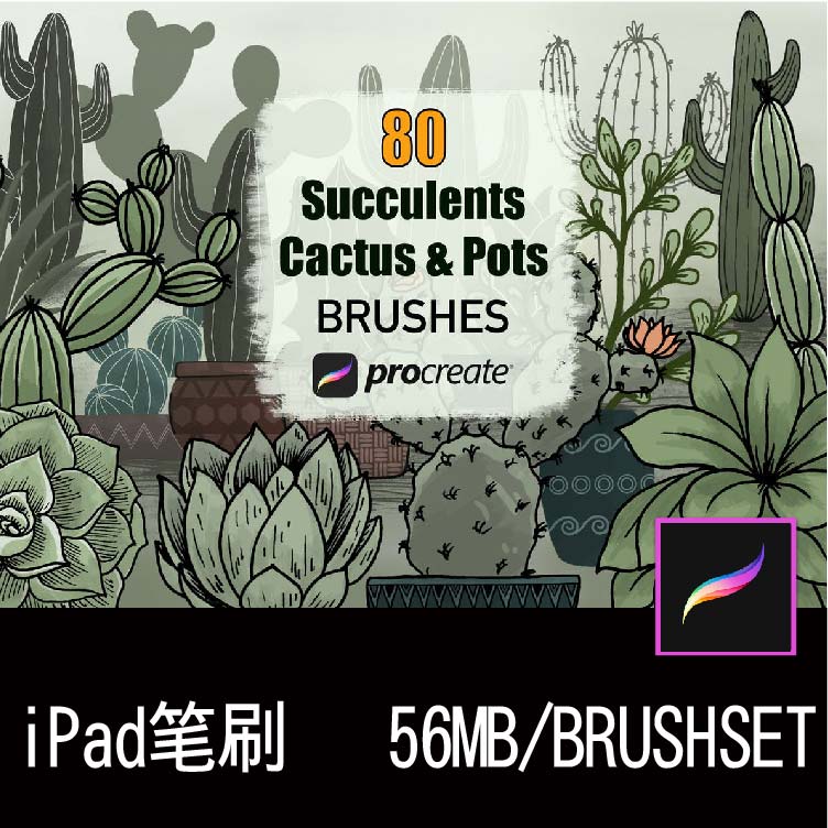 80款iPad简笔仙人掌和花盆纹理艺术绘画Procreate笔刷插件素材