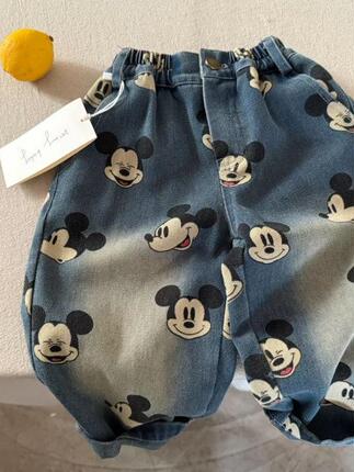 Cute~ Children's Jeans with All-Over Cartoon Print, Spring and Autumn Style, Baby Casual Pants, Straight-Leg Loose Fit, Unisex Children's Pants