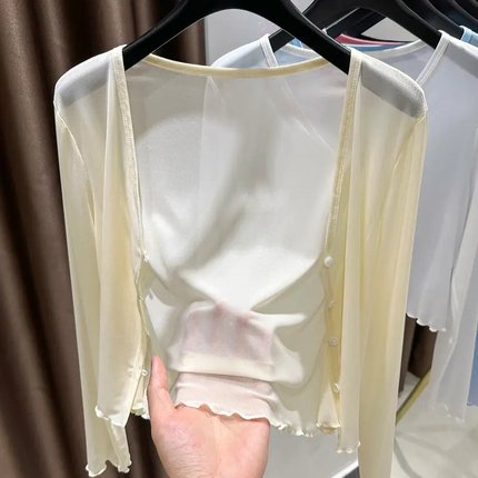 韩系纯色薄纱外搭女夏季2025新款设计感小众宽松气质薄款长袖上衣