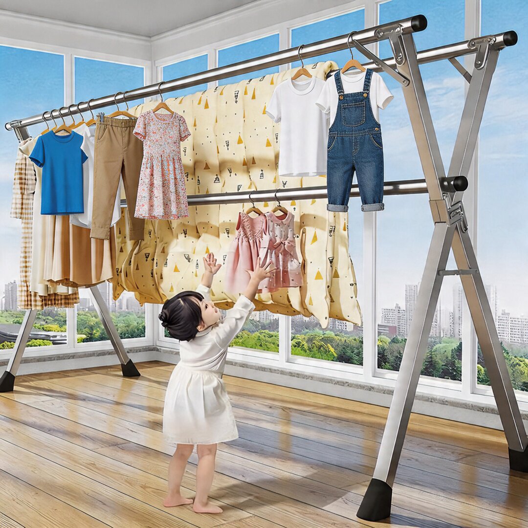 晾衣架落地折叠家用室内阳台不锈钢晒衣架伸缩晾衣杆晒被子神器