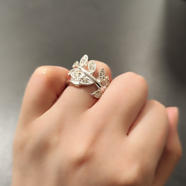 时尚夸张复古水钻一串叶子戒指百搭夜店潮女无名指环围巾扣两用