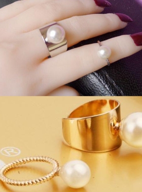 韩版夸张复古金属宽面珍珠二件套关节开口戒指时尚百搭麻花指环女