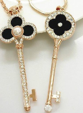 韩版时尚简约水钻四叶草钥匙毛衣链甜美百搭幸运草镶钻长款项链女