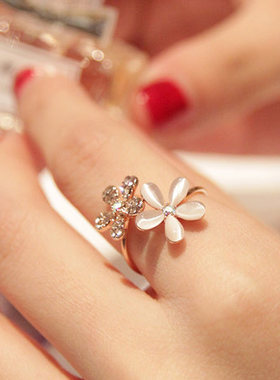 日韩潮流甜美淑女气质水钻猫眼石两花朵开口戒指小众设计个性指环