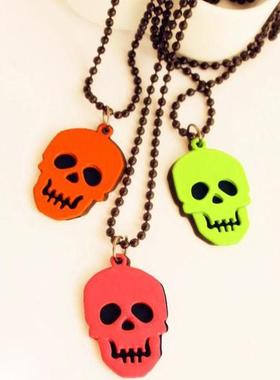 欧美时尚百搭荧光色骷髅头毛衣链朋克多巴胺糖果色轻奢学生项链