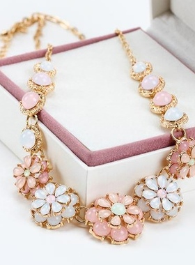 日韩流行时尚猫眼石花朵锁骨链项链女甜美淑女冰淇淋糖果色锁骨链