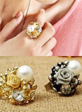 日韩ins个性夸张花朵水钻戒指女气质轻奢小众设计开口可调节指环