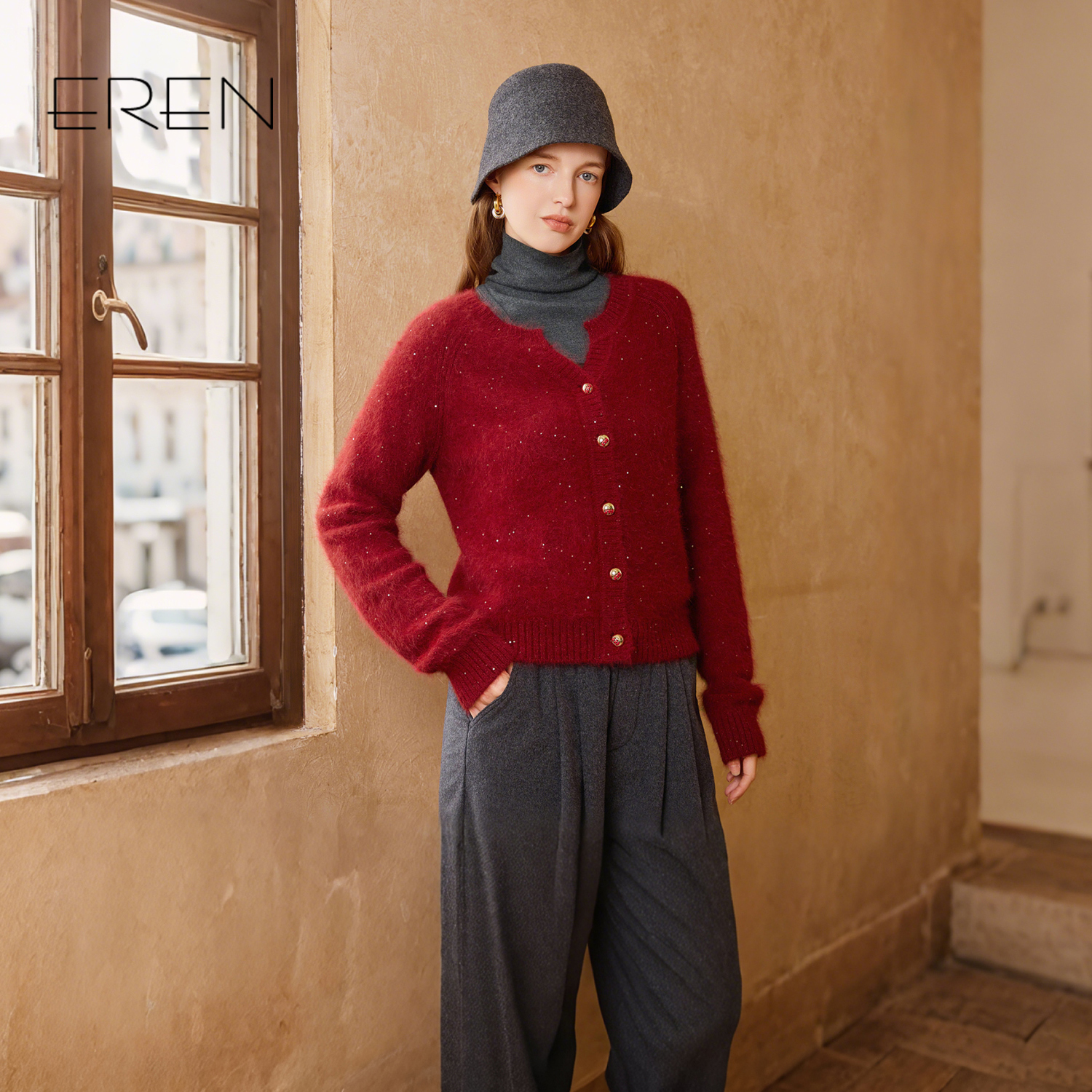 EREN新款红色兔毛针织开衫外套
