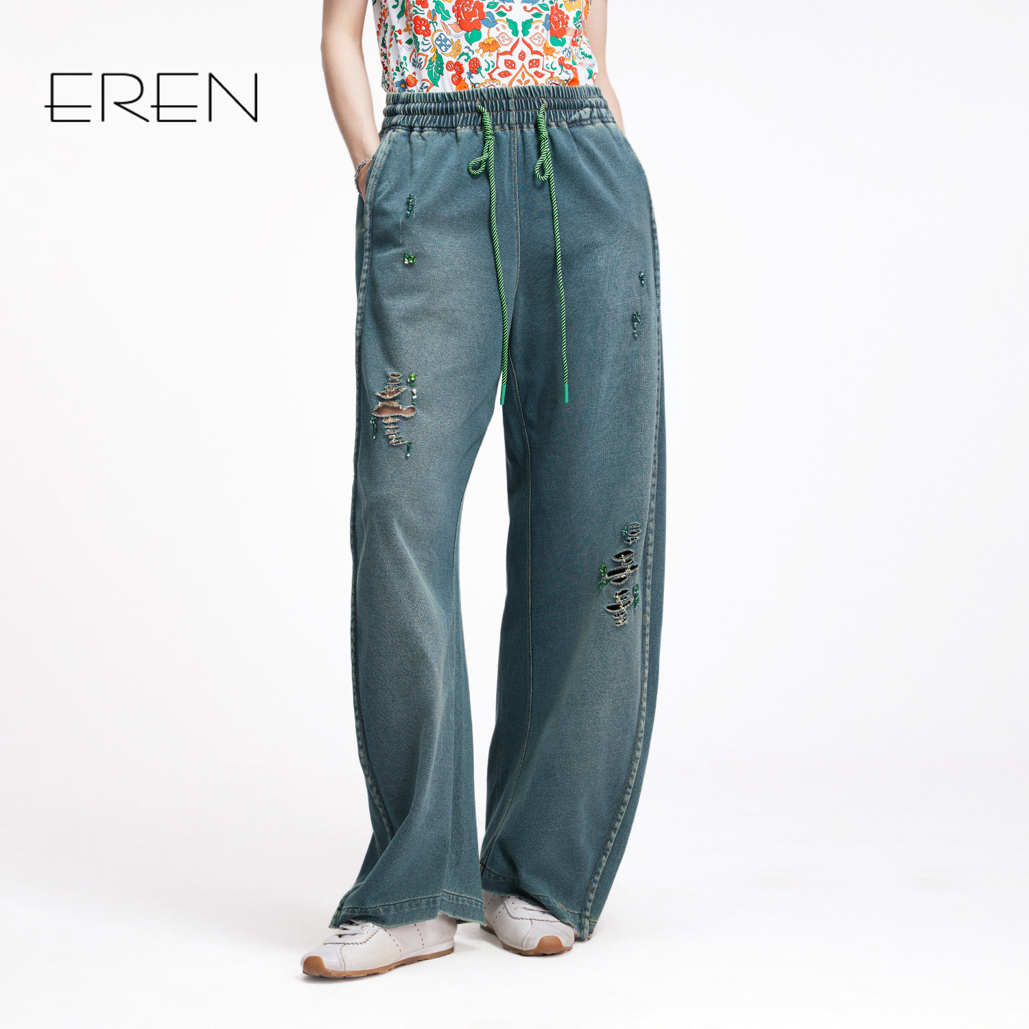 EREN复古做旧直筒裤子女2025夏新款休闲破洞牛仔裤高腰阔腿长裤