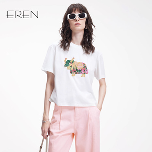 小象钉珠白色T恤上衣内搭 ERENEREN法式 洋气短袖 T恤女2025夏季 新款
