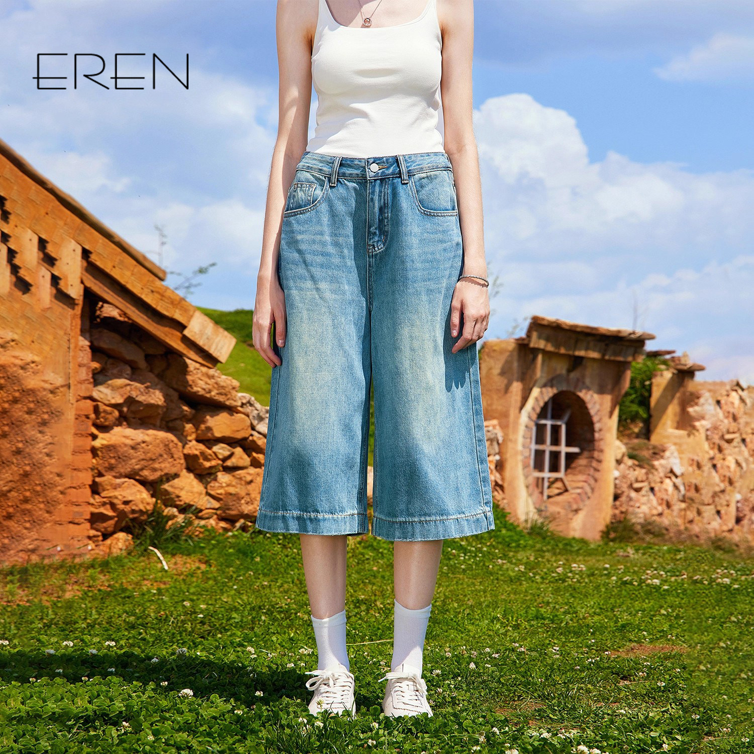 EREN七分美式高腰洗水牛仔裤女2025夏季流行单品新款直筒阔腿裤子