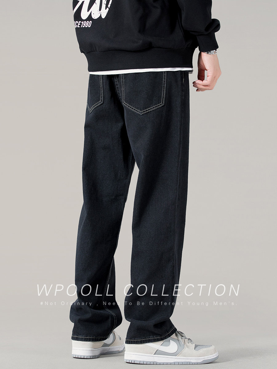 美式高街黑色牛仔裤男生秋季潮牌休闲宽松直筒裤子男垂感阔腿长裤