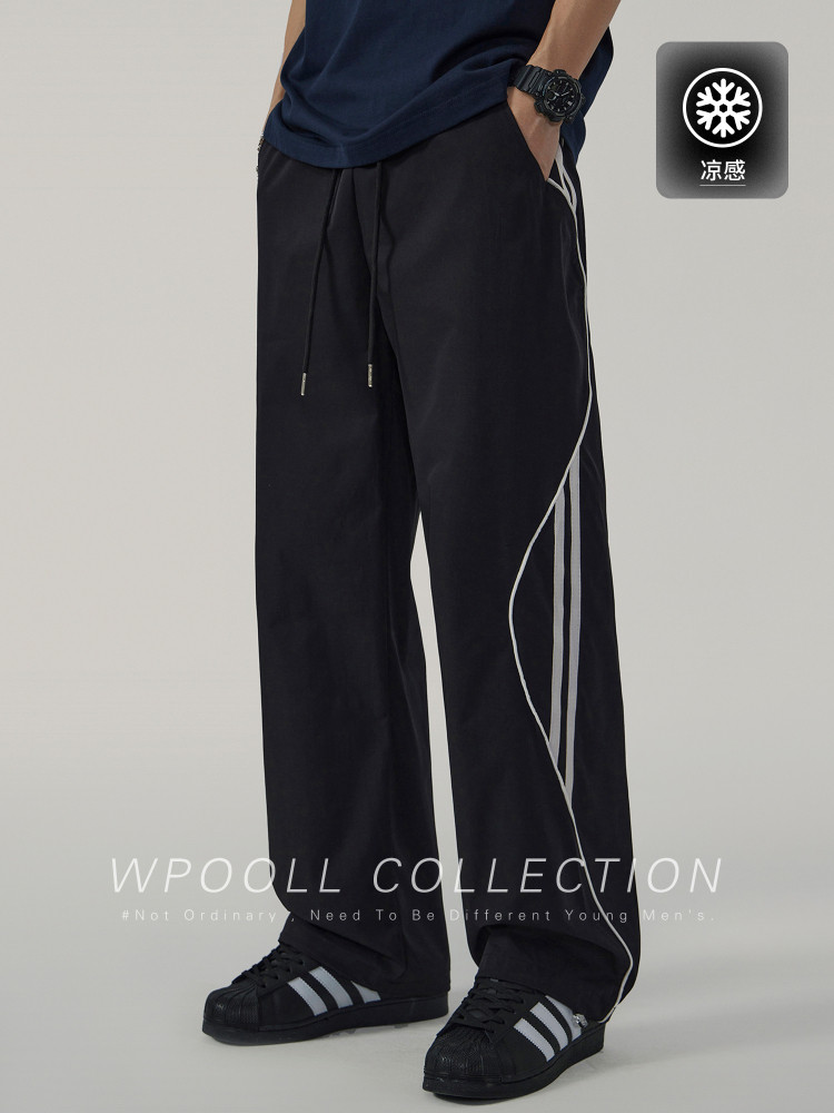 美式直筒休闲裤男夏季薄款透气速干运动男裤高街条纹宽松冲锋裤子