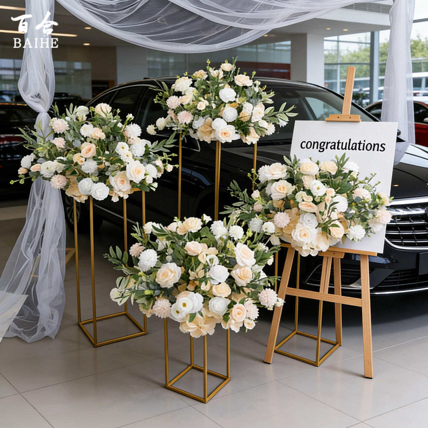 交车仪式布置花艺花球仿真花罗马柱装饰花交车仪式假花场景布置