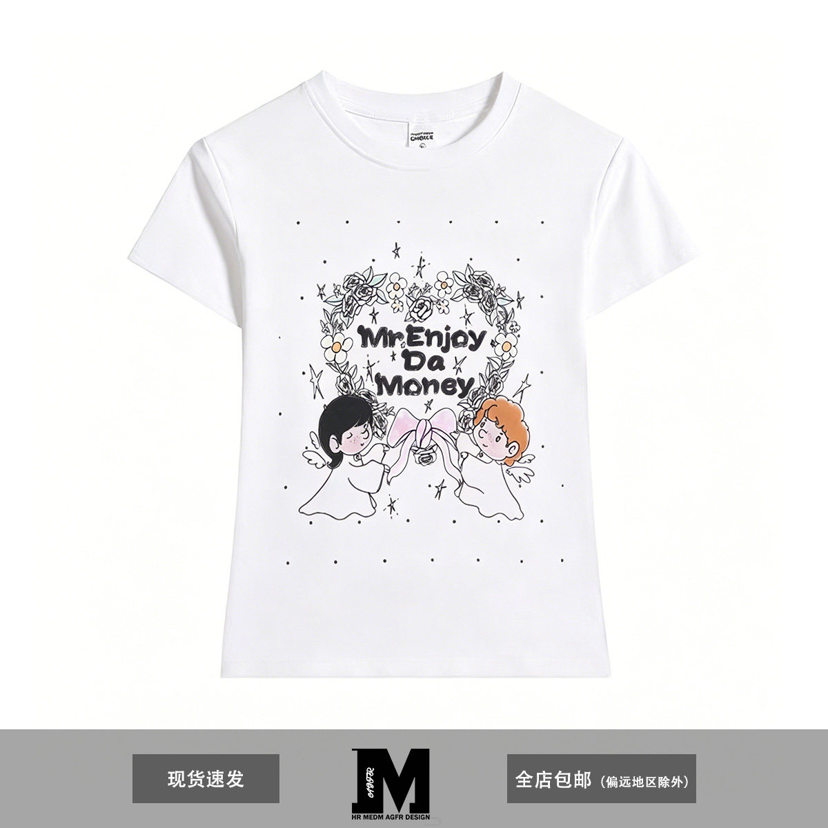 MEDM AGFR白色花环小天使印花休闲圆领短袖印波点T恤女款夏季