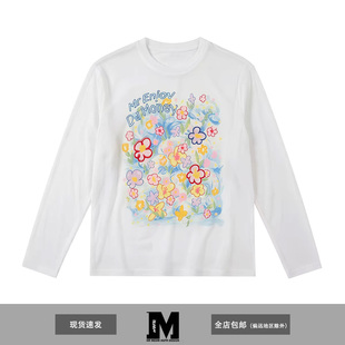 MEDM AGFR梦幻泡影涂鸦花朵长袖T恤女白色圆领宽松休闲防晒上衣