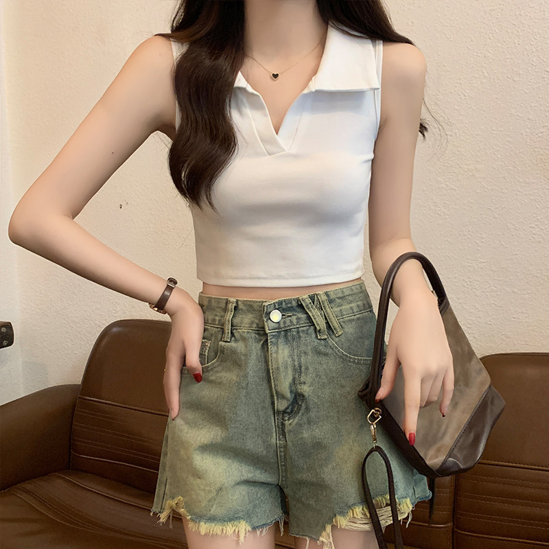 小心机V领黑色辣妹修身短款外穿背心女夏季纯欲无袖百搭设计感T恤