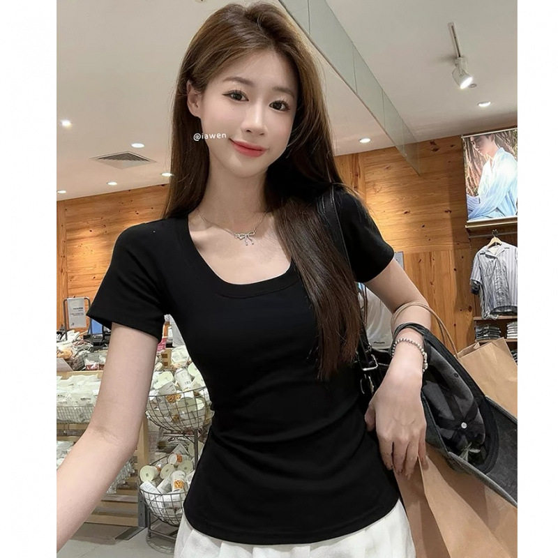 嫩黄色U领正肩漏锁骨T恤女2025夏季修身纯欲气质显白上衣辣妹短袖