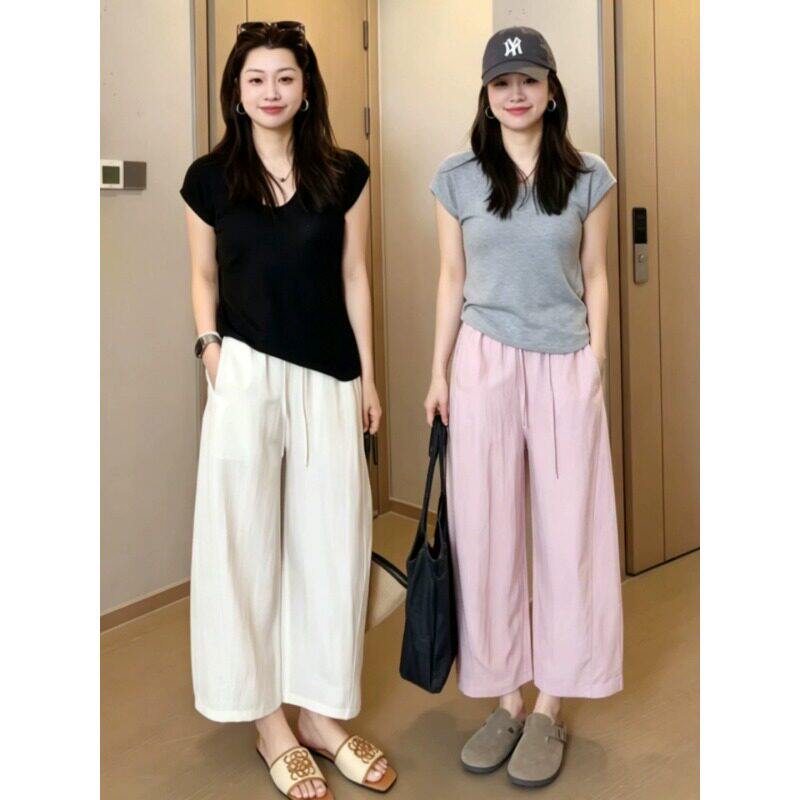 粉色天丝麻料阔腿裤女夏薄款2026新款宽松显瘦小个子超好看的裤子