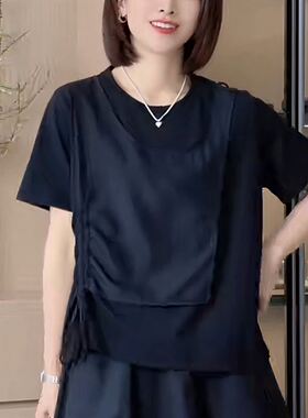 黑色圆领拼接短袖T恤女2026夏季休闲宽松抽绳设计感显瘦上衣女装