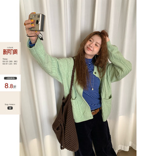 女 薄荷绿立体麻花圆领针织毛衣开衫 CCKOK 秋冬韩系气质高级感短款