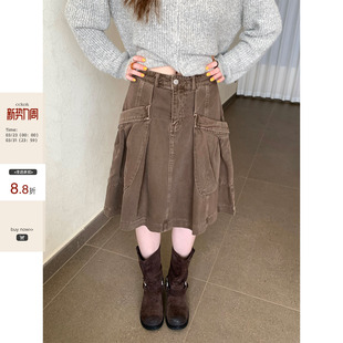 口袋棕色中裙女 秋冬气质百搭韩系洗水立体工装 CCKOK 2026新品