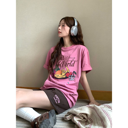 CCKOK 美式复古水果印花宽松T恤2026夏季新款休闲舒适小众短袖女