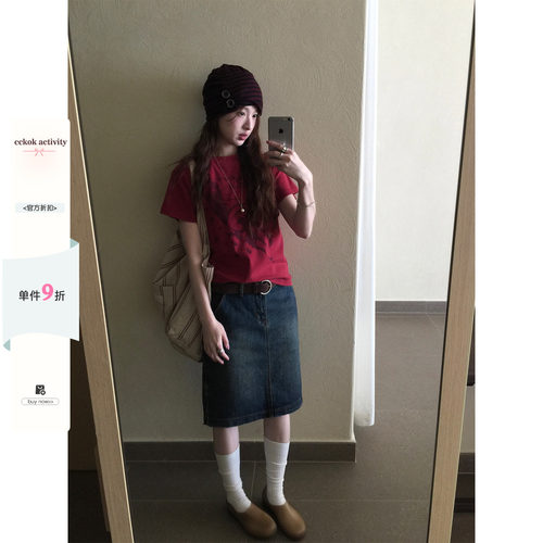 CCKOK美式古着鹰洗水T恤2026夏季新款复古甜酷小众休闲红色短袖女