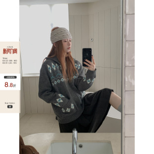 秋季 厚实费尔岛提花拉链毛衣开衫 CCKOK 灰色针织外套女 现货