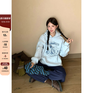 CCKOK韩系通勤穿搭 古着vintage印花连帽加绒保暖卫衣女 冬季