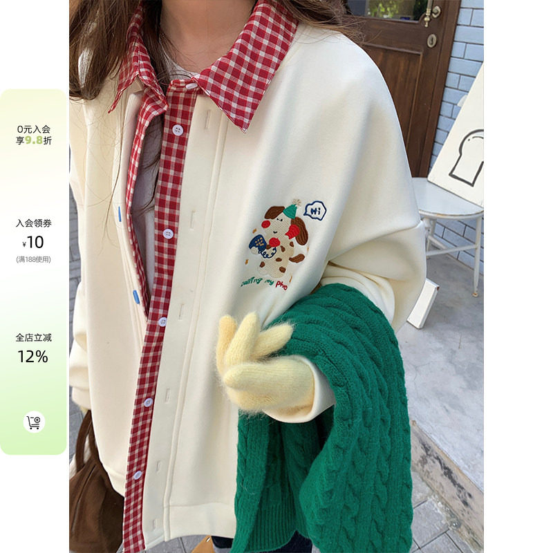 CCKOK 假两件加绒卫衣外套2025冬季新款学院风小众设计加厚夹克女