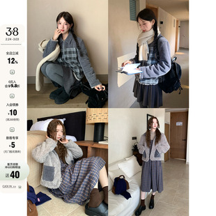 【现货】CCKOK冬季韩系风保暖重工雪尼尔拼格纹毛绒双面穿外套女