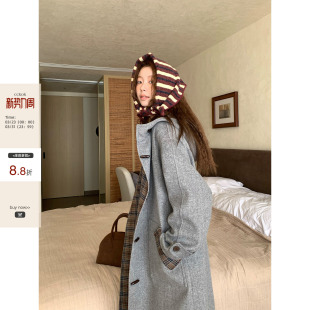 保暖50%羊毛拼格纹双面穿长款 CCKOK冬季 连帽外套大衣女 现货