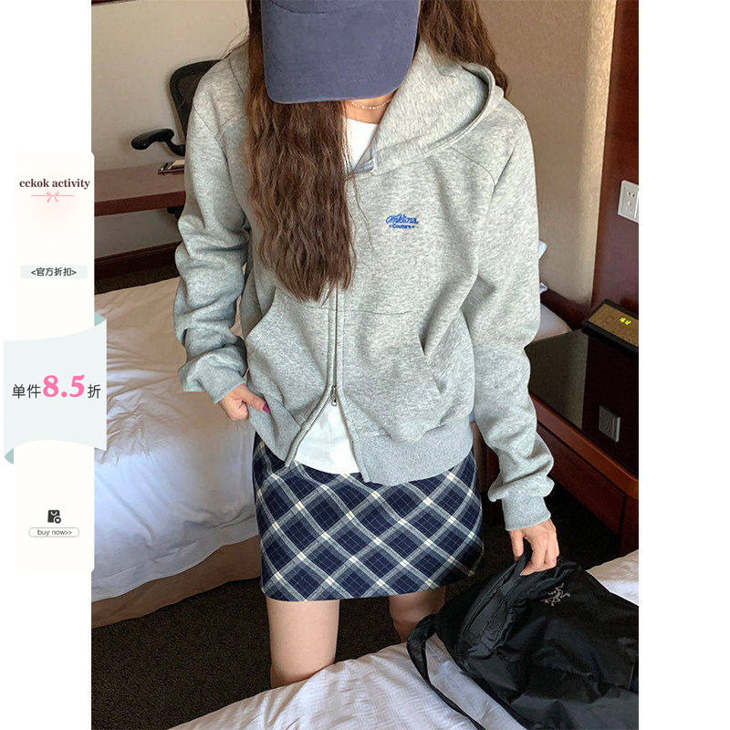 CCKOK 简约纯色正肩拉链连帽卫衣外套2026春季新款运动休闲开衫女