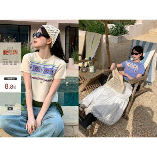 女 针织衫 CCKOK春夏新品 韩女系通勤穿穿搭拼色花朵爱心提花短袖