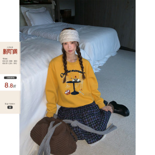 CCKOK秋冬韩系少女百搭休闲毛巾绣图案加绒圆领卫衣女 现货