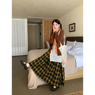 早春韩系通勤温柔黄新款 CCKOK 蓝格纹100%棉半身长裙女 现货